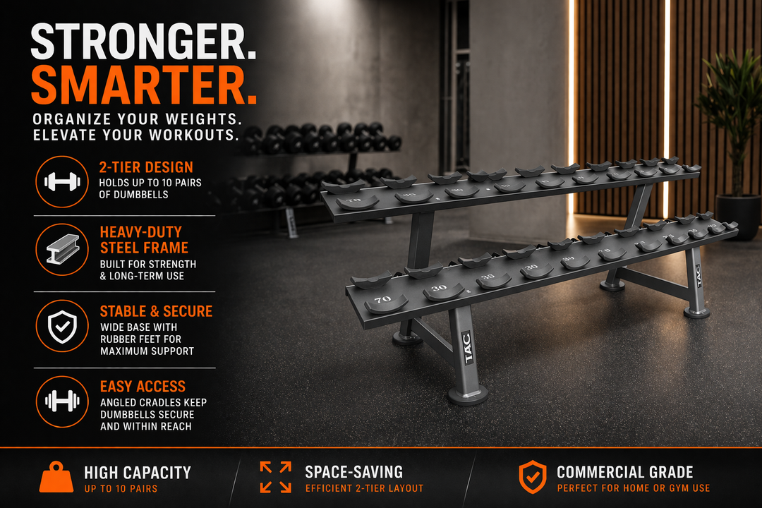 TAG Fitness 2 Tier Laser Cut Saddle Dumbbell Rack, Commercial Numbered 5–50 lb Weight Storage Rack
