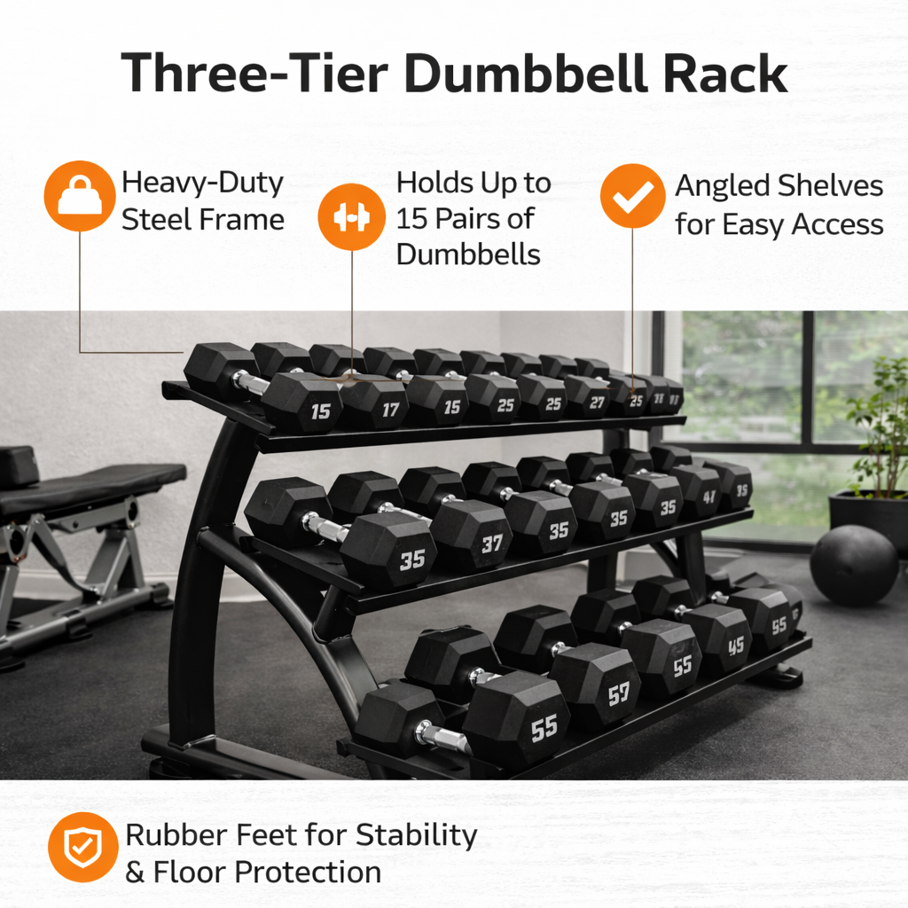 TAG Fitness Heavy Duty 3-Tier Dumbbell Rack, 15 Pair Capacity Steel Dumbbell Storage with Saddles, Black Gym Rack
