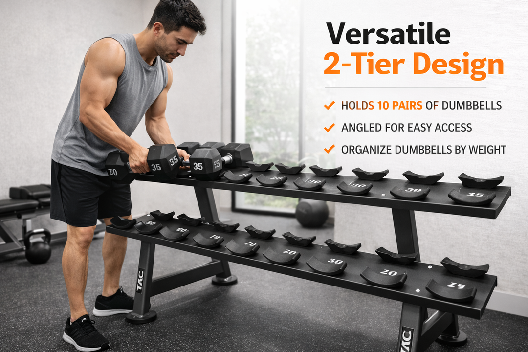 TAG Fitness Laser Cut Saddle Rack 2 Tier Commercial Dumbbell Storage Rack Numbered 55 to 100