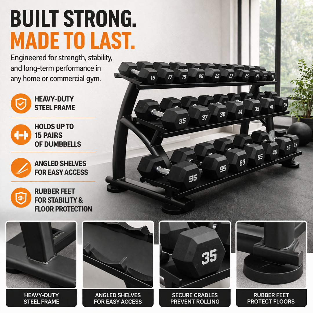 TAG Fitness Heavy Duty 3-Tier Dumbbell Rack, 15 Pair Capacity Steel Dumbbell Storage with Saddles, Black Gym Rack