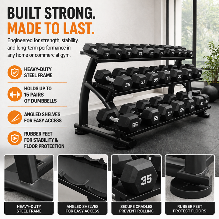 TAG Fitness Heavy Duty 3-Tier Dumbbell Rack, 15 Pair Capacity Steel Dumbbell Storage with Saddles, Black Gym Rack