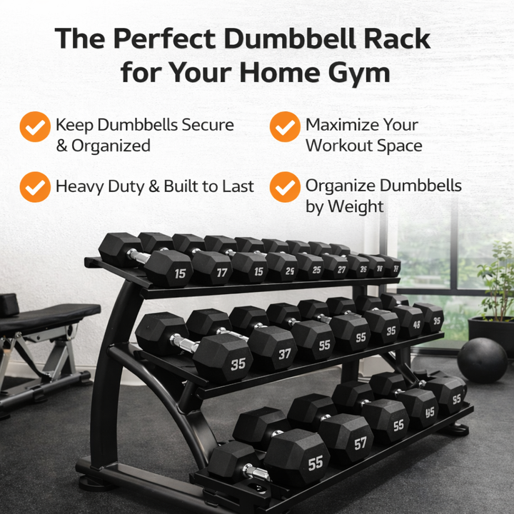 TAG Fitness Heavy Duty 3-Tier Dumbbell Rack, 15 Pair Capacity Steel Dumbbell Storage with Saddles, Black Gym Rack