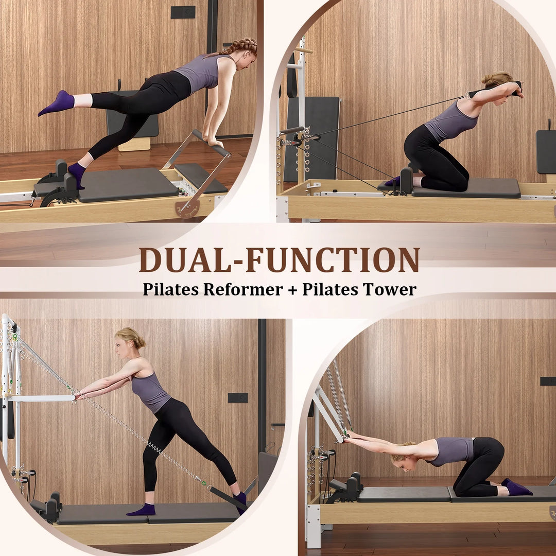 Pilates Reformer, Wooden Pilates Reformer Machine with Tower & Mat, Pilates Equipment for Home Workout and Studio, with Reformer Accessories, Sitting Box, Jump Board