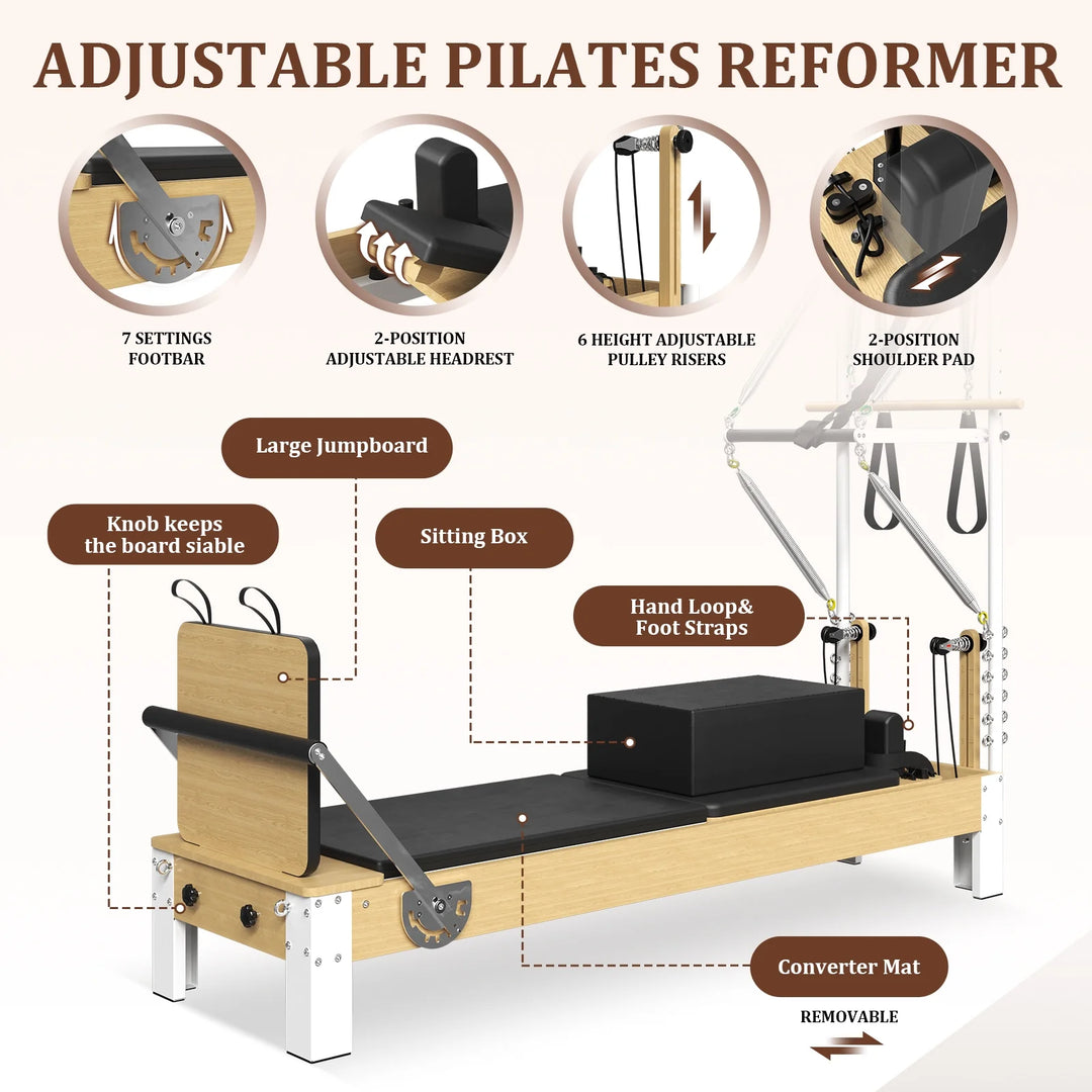 Pilates Reformer, Wooden Pilates Reformer Machine with Tower & Mat, Pilates Equipment for Home Workout and Studio, with Reformer Accessories, Sitting Box, Jump Board
