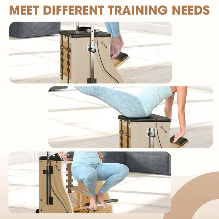 Pilates Reformer Machine, Wood Pilates Machine Bed Yoga Exercise Strength Training Equipment with Pilates Chair for Home Workout