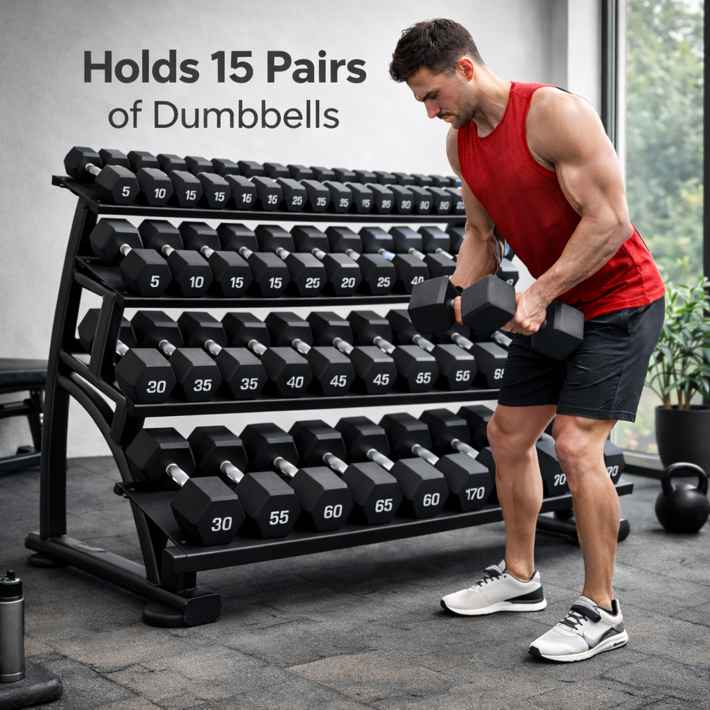 TAG Fitness Heavy Duty 3-Tier Dumbbell Rack, 15 Pair Capacity Steel Dumbbell Storage with Saddles, Black Gym Rack