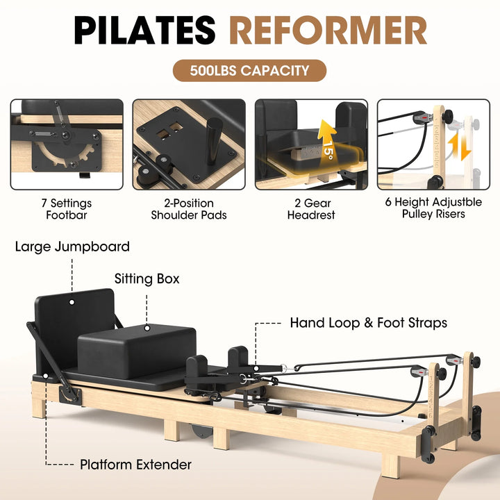 Pilates Reformer Machine, Wood Pilates Machine Bed Yoga Exercise Strength Training Equipment with Pilates Chair for Home Workout