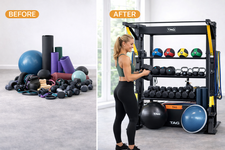 TAG Fitness Hospitality Single Bay Bolt Down Training & Storage System with Accessories Gym Rack Station 92” x 68” x 52