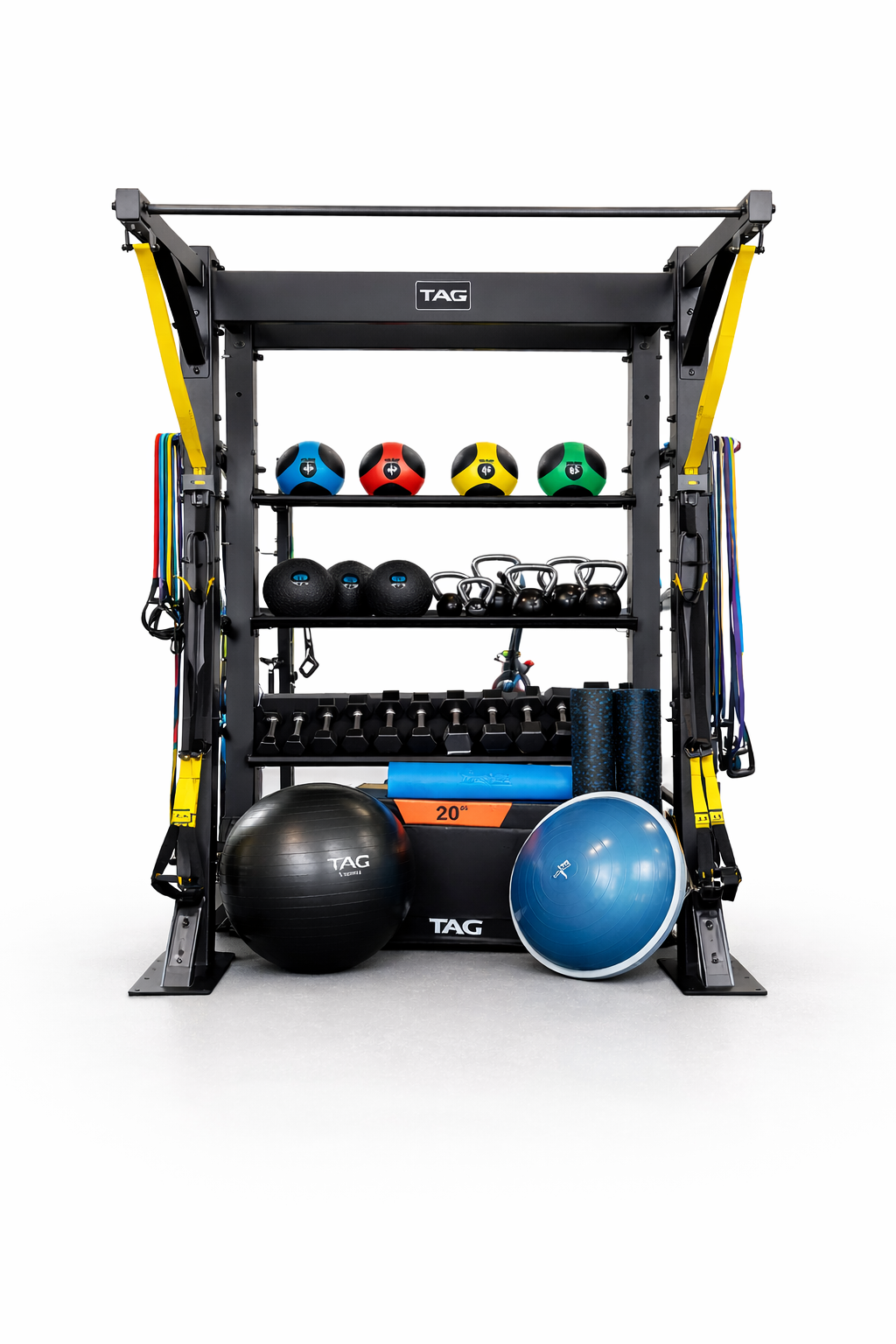 TAG Fitness Hospitality Single Bay Bolt Down Training & Storage System with Accessories Gym Rack Station 92” x 68” x 52
