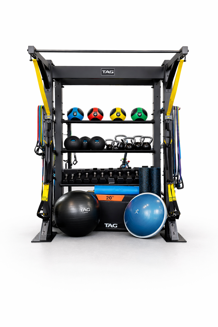 TAG Fitness Hospitality Single Bay Bolt Down Training & Storage System with Accessories Gym Rack Station 92” x 68” x 52