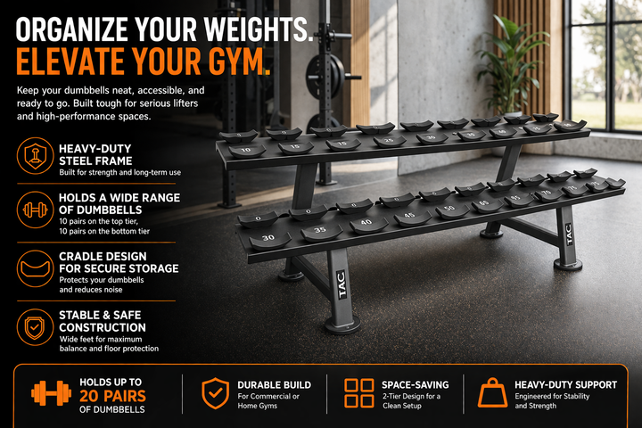 TAG Fitness Laser Cut Saddle Rack 2 Tier Commercial Dumbbell Storage Rack Numbered 55 to 100