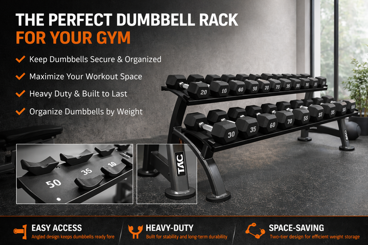 TAG Fitness Laser Cut Saddle Rack 2 Tier Commercial Dumbbell Storage Rack Numbered 55 to 100