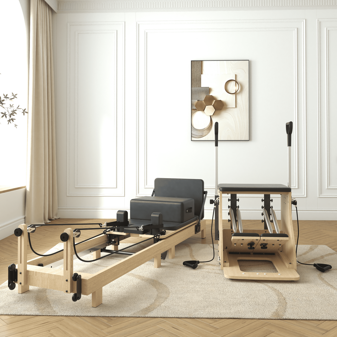 Pilates Reformer Machine, Wood Pilates Machine Bed Yoga Exercise Strength Training Equipment with Pilates Chair for Home Workout