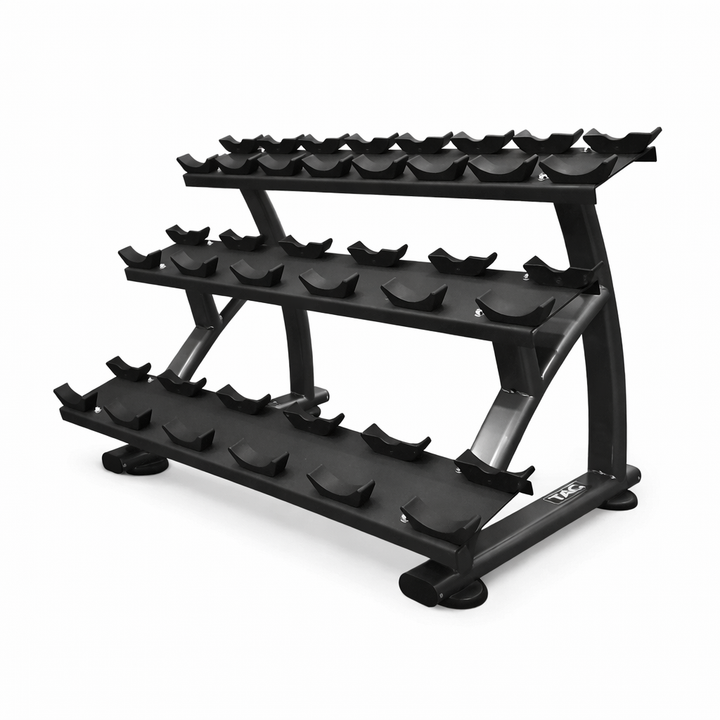 TAG Fitness 3-Tier Dumbell Rack, 10 Pair Commercial Weight Storage with Saddles, Heavy Duty Gym Organizer Stand, Black Frame