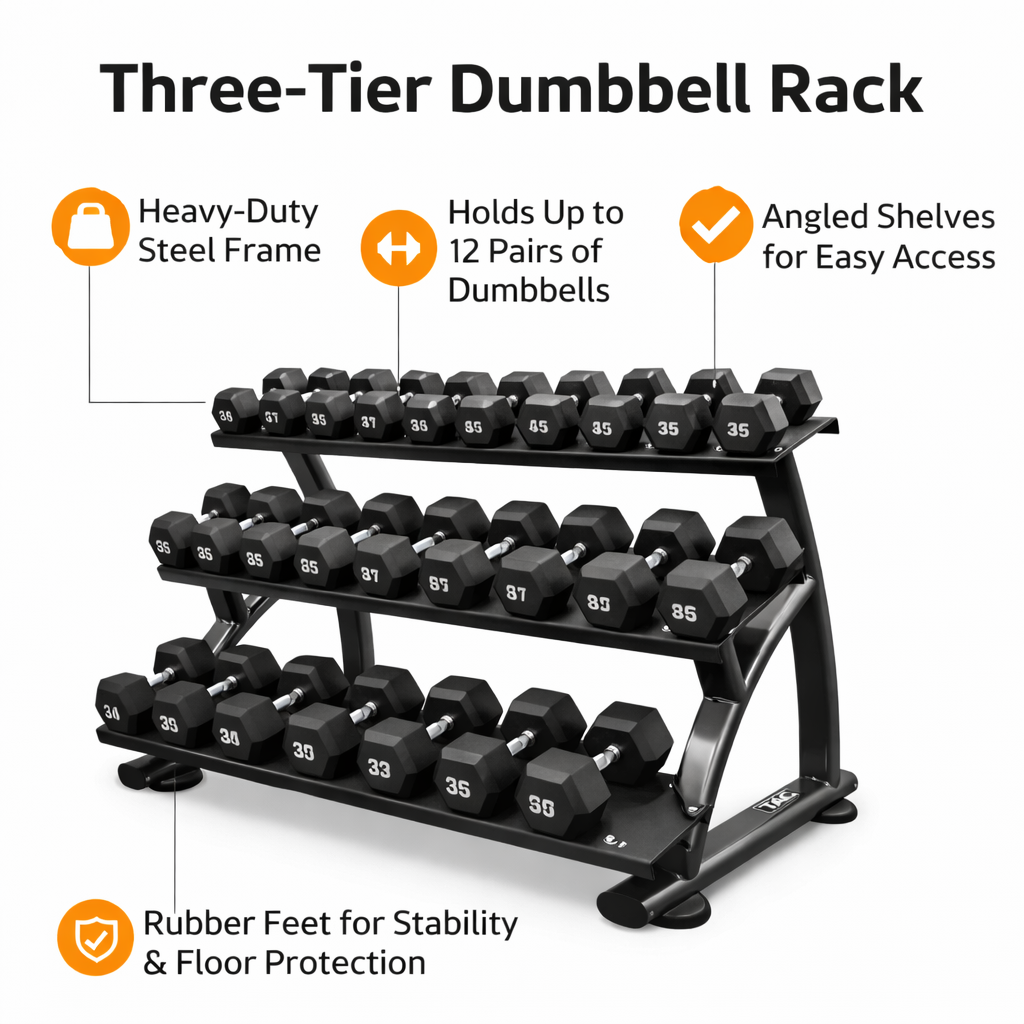TAG Fitness 3-Tier Dumbell Rack, 10 Pair Commercial Weight Storage with Saddles, Heavy Duty Gym Organizer Stand, Black Frame