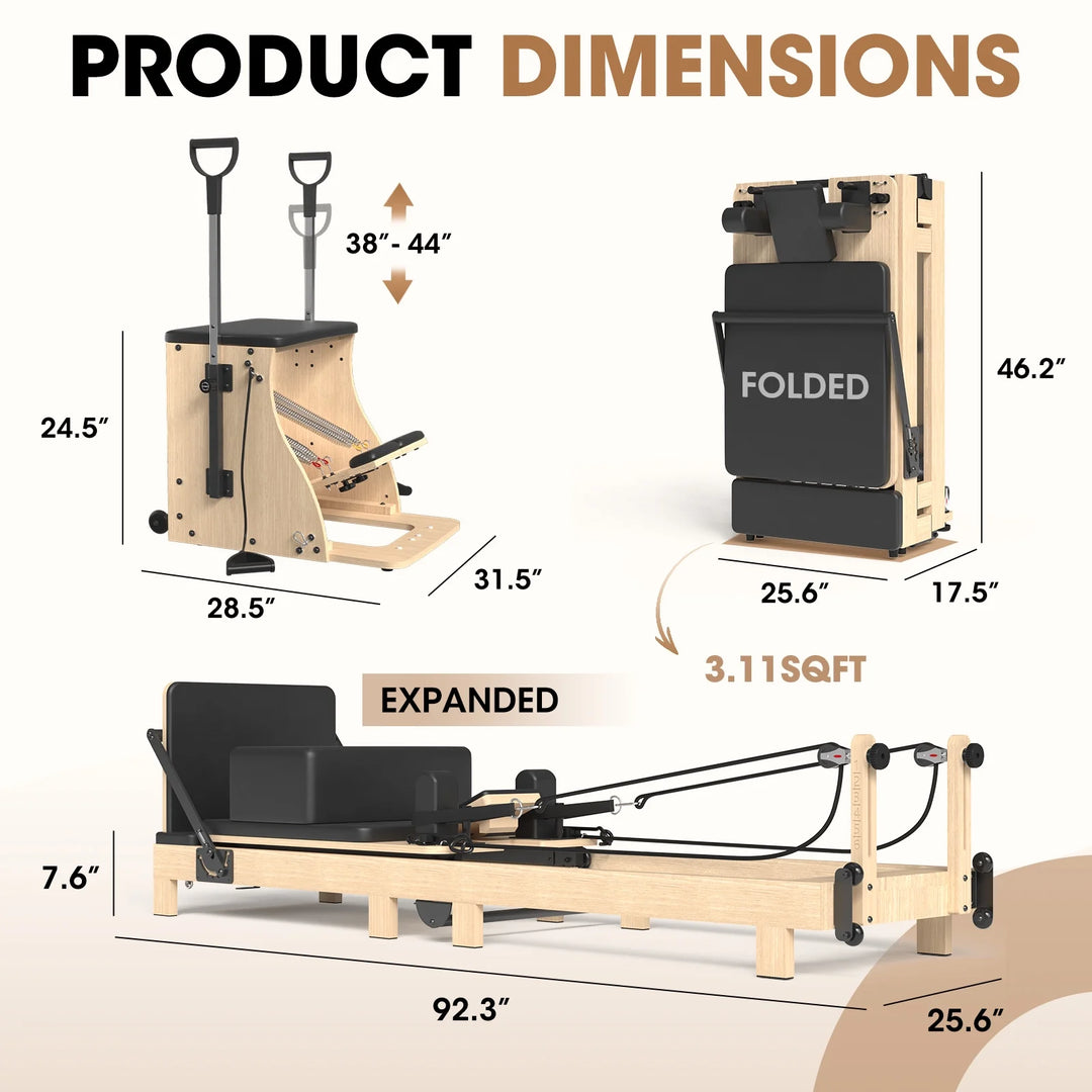 Pilates Reformer Machine, Wood Pilates Machine Bed Yoga Exercise Strength Training Equipment with Pilates Chair for Home Workout