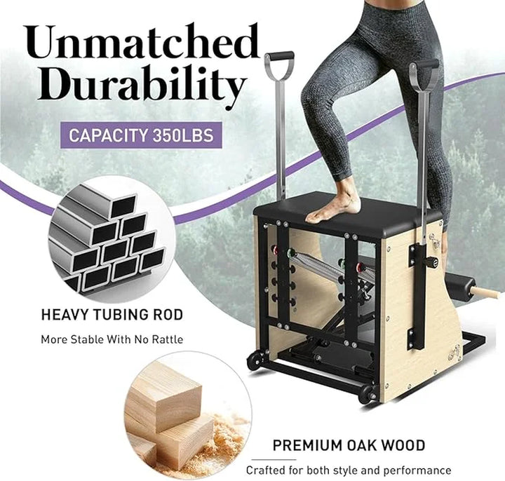 Pilates Reformer Machine, Wood Pilates Machine Bed Yoga Exercise Strength Training Equipment with Pilates Chair for Home Workout