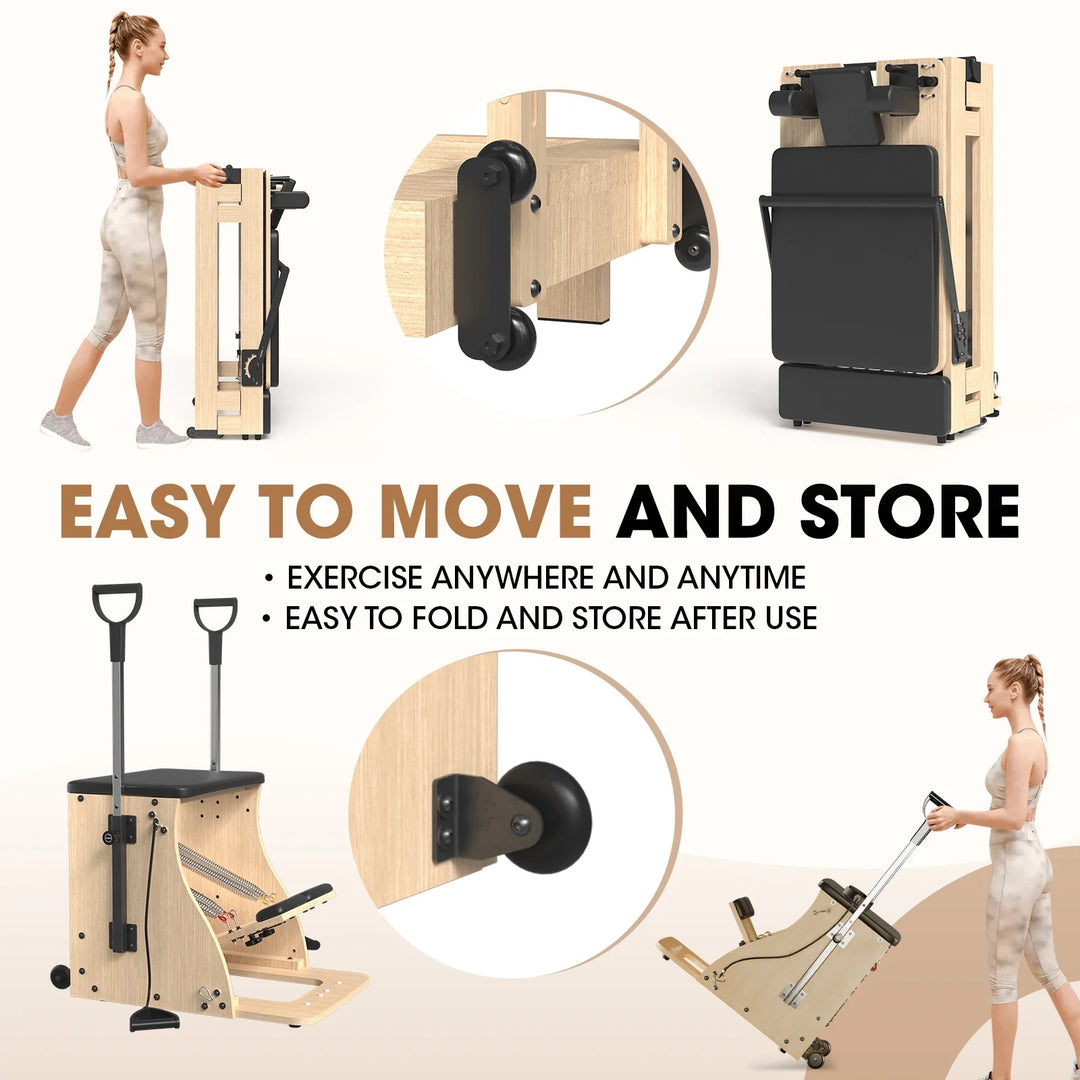 Pilates Reformer Machine, Wood Pilates Machine Bed Yoga Exercise Strength Training Equipment with Pilates Chair for Home Workout