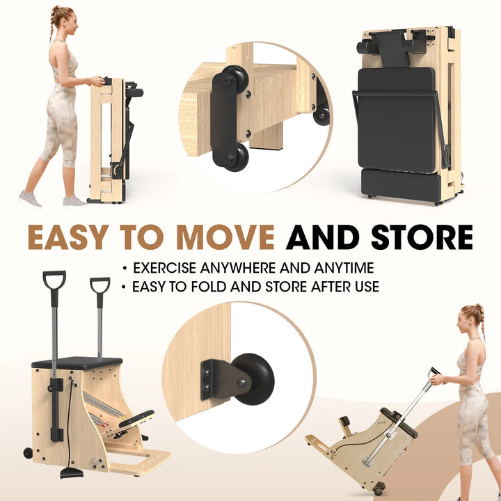 Pilates Reformer Machine, Wood Pilates Machine Bed Yoga Exercise Strength Training Equipment with Pilates Chair for Home Workout