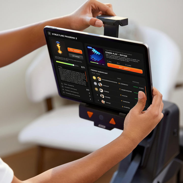 Stronggo Rowing Machine with Ipad Integration—Dual Air & Magnetic Resistance up to 100 Lbs | Game-Based Workouts, Compact Storage Design