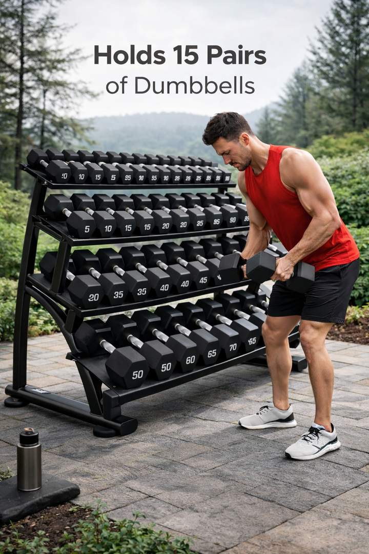 TAG Fitness Heavy Duty 3-Tier Dumbbell Rack, 15 Pair Capacity Steel Dumbbell Storage with Saddles, Black Gym Rack